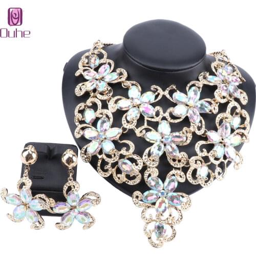 Women Accessories Wedding Bridal Gold Color Statement Crystal Flower Pendant Necklace Earring Party Jewelry Set