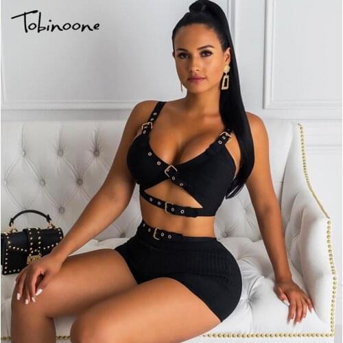 Tobinoone Knitted 2 Piece Set Women Sleeveless hollow out Crop Top And mini skirt Sexy 2019 autumn Sweater Two Piece Set Outfits