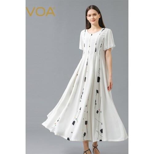 VOA Silk 30m/m Milk White O-Neck Lantern Short Sleeve Gothic Prom Dresses Invisible Side Pull Summer Womens Dress 2021 AE1005