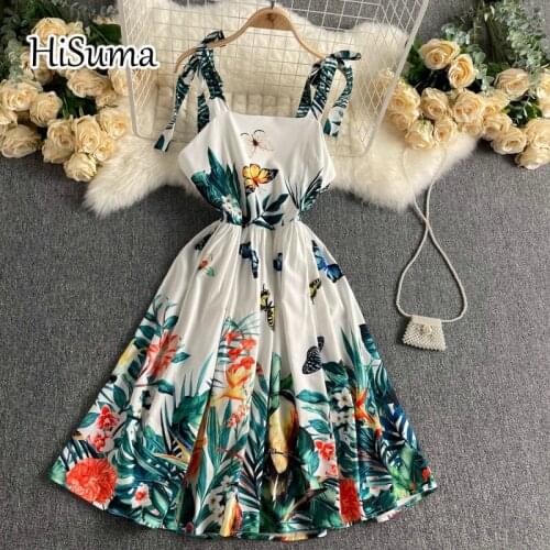 2021 summer new women square collar lace-up strap print chiffon A-line dress female Chic retro elegant waist party dresses
