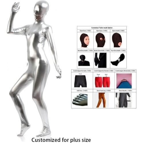 2018 free ship bodysuit metallic Spandex Shiny Sliver womens Unitard Catsuits Metallic Footed Zipper Zentai Bodysuit Customize