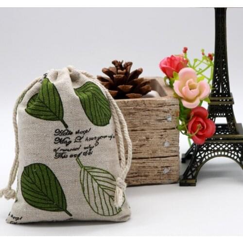 5pcs/lot 8x10cm Lovely Leaves English Printed Drawable Cotton Bags Pouches Mini Jewelry Packaging Bag Dry Cotton Linen Pouches