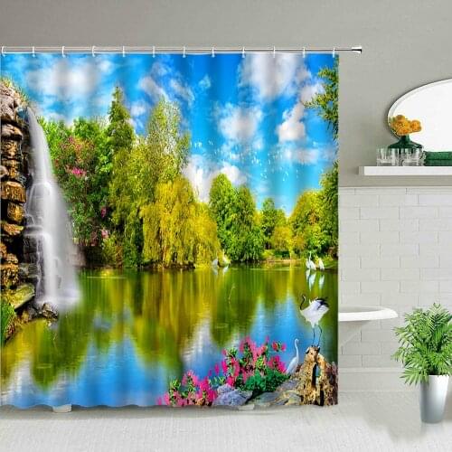 Beautiful natural scenery Waterfall scenery Green and fresh shower curtain Bathroom renovation Home decoration