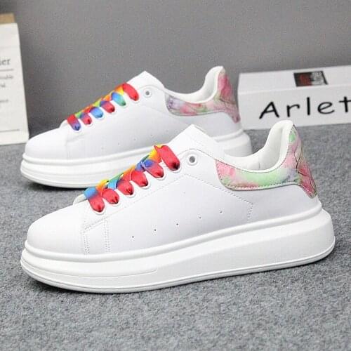 Trendy printed white shoes spring new thick-soled all-match casual sports shoes cross-lace large size 40 womens shoes