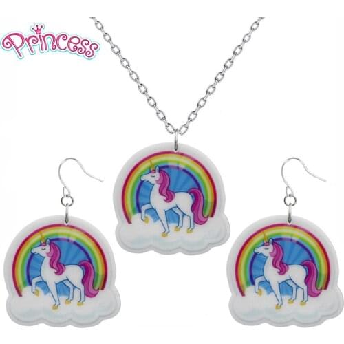 2019 Fashion Girls Kids Gift Jewelry Acrylic Unicorn Rainbow Earring Pendant Short Chain Necklace Free Shipping Xma Gift KS149