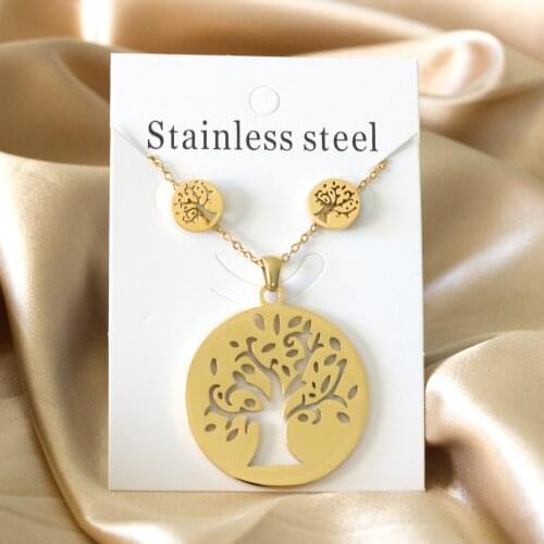 Fashion Round Hollow Out Tree Pendant Necklace and Stud Earrings Stainless Steel Jewelry Set for Women Men Party Gift