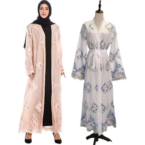 Muslim Women Open Front Kimono Abaya Embroidery Robe Jilbab Maxi Dress Islamic Arab Clothing Middle East Maxi Gown 2019 Fashion