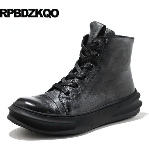 Thick Soled Boots High Platform Sneakers Harajuku Booties Trainer Sole Black Real Leather Full Grain Zipper Shoes Ankle Men Top