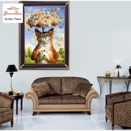 Golden Panno Needlework,Sets For full Embroidery kits,Home decor,Cat Animal,white canvas,Dmc,Diy,Cross stitch