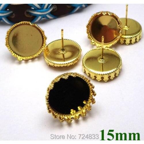 15mm New Golden tone Blank Bases Round Crown Bezel tray Resin Cabochon Earrings Stud Pin Post Settings Findings Wholesale
