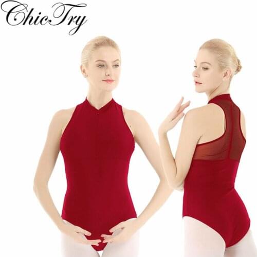 2019 Newest Women Adult One Piece High Neck Sleeveless Ruffled Mesh Back Zip Front Tank Leotard Gymnastics Bodysuit Jumpsuit