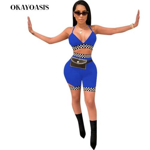 OKAYOASIS 2018 Summer Sets Women Sexy Bodysuit Sleeveless Sexy Tight Jumpsuits Rompers Two Pieces Playsuits Overalls