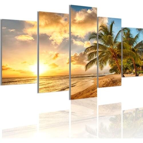 Tropical Sea Landscape Palm Trees Beach 5 Panels Canvas Painting Poster Wall Art Print Picture Living Room Home Decoration Frame