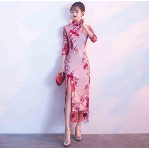 Cheongsam Dress Traditional Chinese Wedding Gown 2019 Embroidery Floral Slit Qipao Dress Midi Elegant Chinese Dresses FF1750