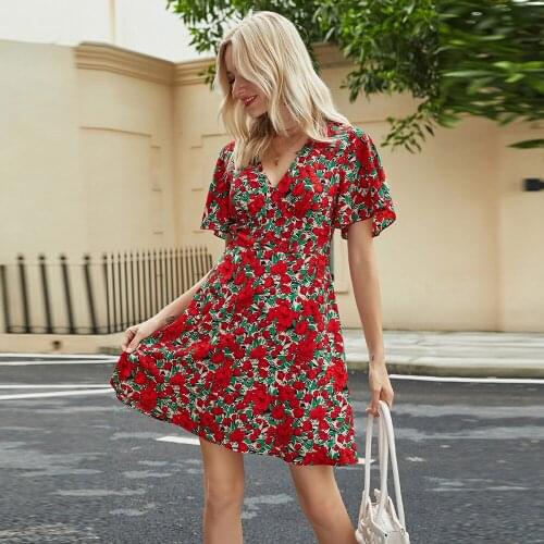 Sexy V Neck Print Woman Dresses New Summer Casual Short Sleeve Slim Waist Mini Beach Sundress Big Red Flower Boho Dress Vestidos