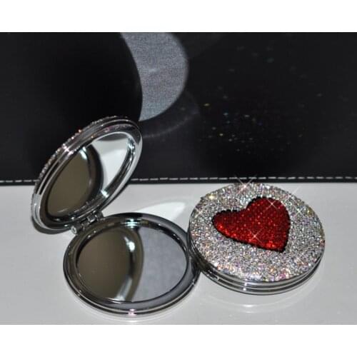 Portable Heart Mirror Kawaii Makeup Hand Held Mirror Rhinestone Foldable Handmade Decorative Pocket Round Vanity Mirror Small
