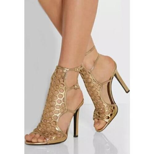 Hot selling golden double ankle buckle strap stiletto heel sandals fashion elegant concise hollow out high heel sandals