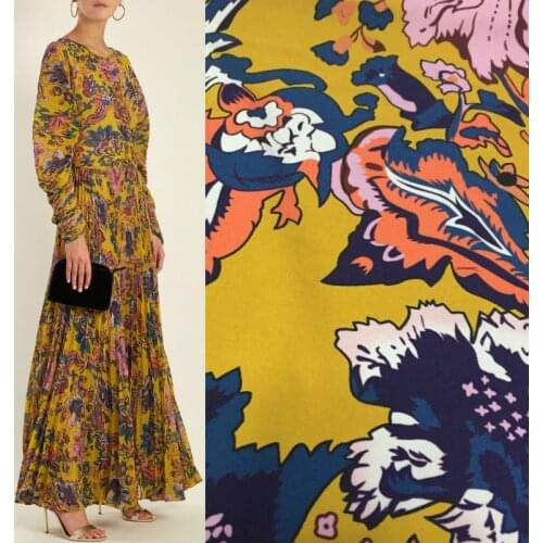 Digital Printed Fabric Spring Summer Retro Style Pleated Long Skirt Hand-painted Flower Cloth by the Meter for Sewing Material