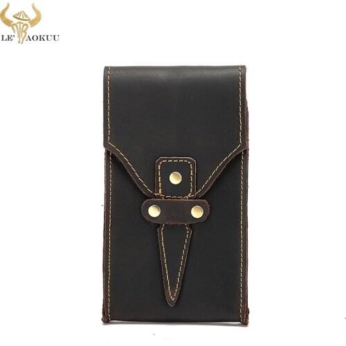 New Real Genuine Leather men Design Vintage Slim Hook Bum Bag Travel Fanny Waist Belt Pack Cigarette Case 6" Phone Pouch 2095