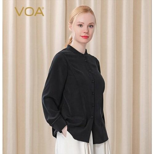 VOA Autumn Black Stand-up Collar Epaulettes Long-sleeved Single-breasted Mulberry Silk Crepe De Chine Shirt Womens Tops BE250