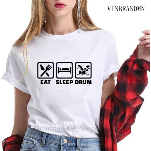 Funny Eat Sleep Drum T Shirt Women Pure Cotton Hiphop Short Sleeve Drumer Tshirt Bass Music T-Shirt Humor DJ Creative Gifts Tees