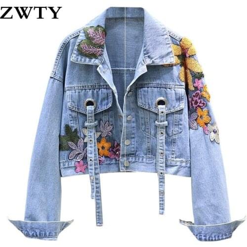 ZWTY Autumn Womens Denim Jacket Embroidery Sequined Jeans Jacket Long Sleeve Jaqueta Casual Loose Short Coat Student Streetwear