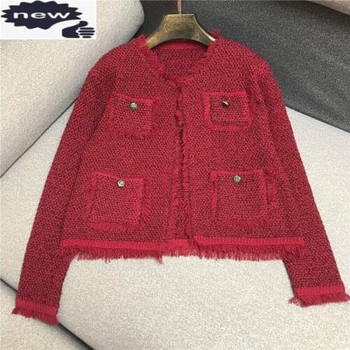 2021 Womens Spring Autumn Short Fashion Jacket Vintage Tassel Pockets Loose Single Breasted Sweet Knitting Cardigan Outerwear