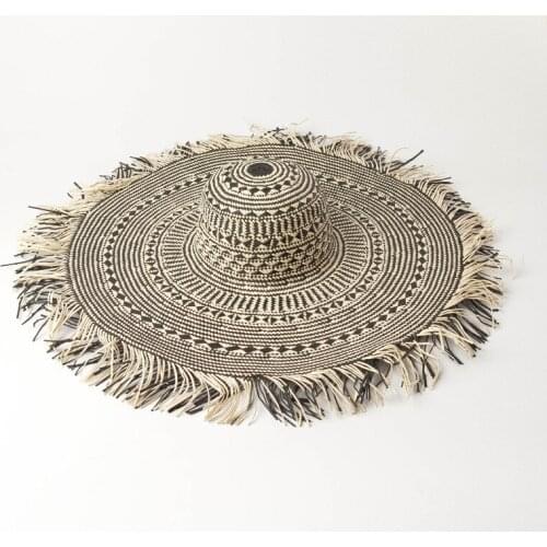 New Summer Vintage Black White Patchwork Beach Hats For Women Dome Fringed Edge Wide Brim Cape Straw Hat Panama Sun Hat Custom