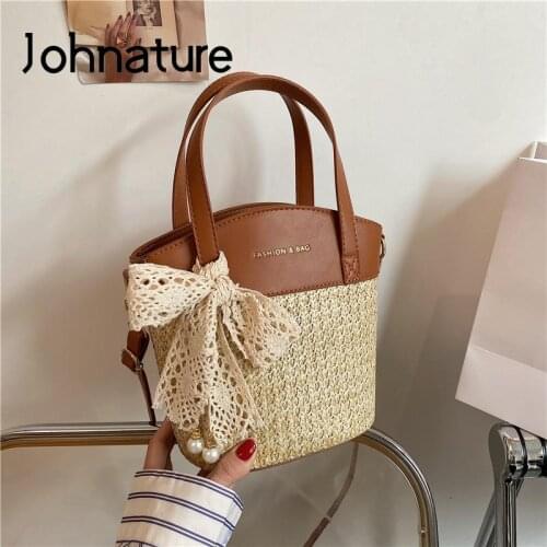 Johnature Simple Straw Bag Women 2021 Summer New Holiday Beach Crossbody Bag Fashion Versatile Bucket Type Shoulder Bags