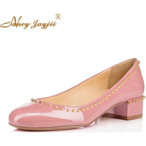 Nude Black Patent Leather Rivets Women Shoes Pumps Low heels Sqaure 4CM Casual Fashion Party New Designers Sexy Career Size 42