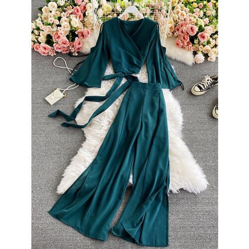 Women Bandage Two Piece Set Spring Autumn Solid Blue/Red/Green Long Sleeve Short Tops And High Waist Split Pants Female Suit New