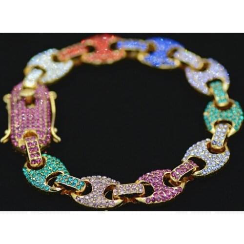 Womens high quality gold colored Rhinestone charm bracelet, mens Cuban chain hip hop bracelet friend couple jewelry