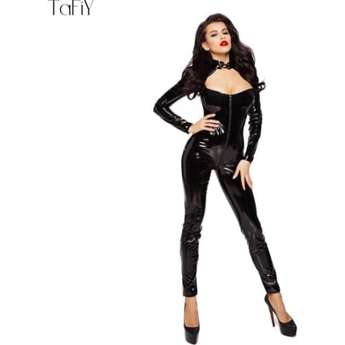 TaFiY Sexy Erotic Latex Bodysuit High Stretch Zipper Dress For Sexi Woman Chest Exposing Open Crotch Leather Catsuit Lingerie