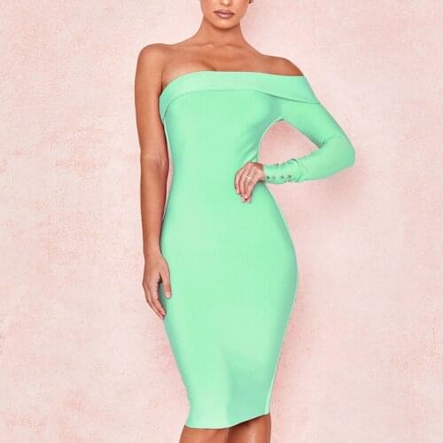 Womens Casual Slash Neck One Shoulder Sexy Bodycon Bandage Long Sleeve Sleeveless Knee-Length Club Green Dress drop shipping