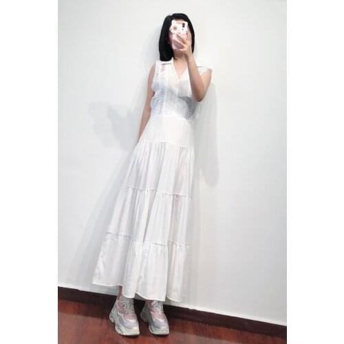 Patads French fashion stitching wrinkle slim sleeveless long skirt spring and summer lady dress V-neck r20500e