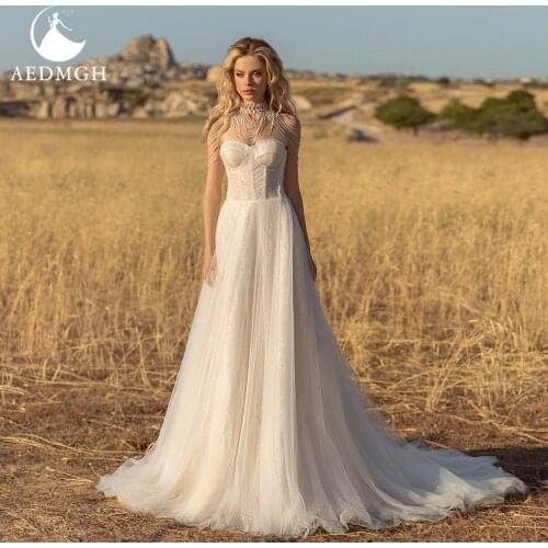 Aedmgh A-Line Beach Wedding Dresses 2021 Strapless Sleeveless Robe De Mariee Lace Beading Backless Boho Shiny Vestido De Novia