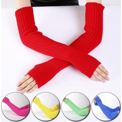 Winter Knitted Woolen Arm Cover For Men Women Solid Color Arm Warmer Half-Finger Fingerless Warm Pile Long Gloves Mittens