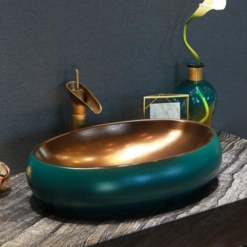 Gold green art ceramic basin archaize ceramic wash basin round counter top bathroom sinks
