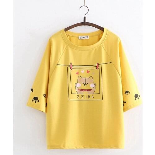2020Japanese Cartoon Heart T Shirt Women Harajuku Kawaii Dog Graphic Tee Korean Style Cute Short Sleeve White Yellow Tee Top