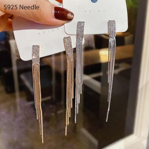 925 Sterling Silver Needle Dangle Drop Earrings for Women Jewelry Gold Shining Cubic Zircon Female Long Tassel Earrings