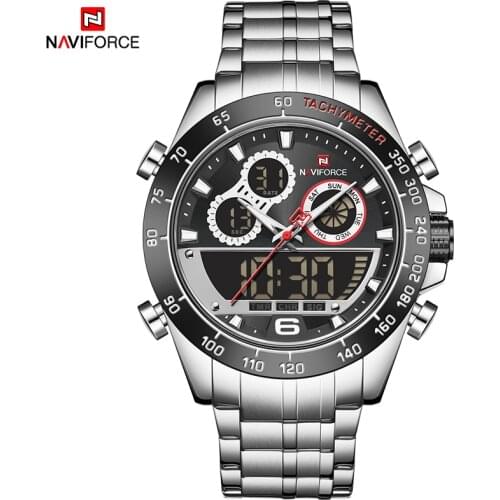 NAVIFORCE Fashion Men Sliver Dual Display Watch Mens Luxury Business Wristwatch Stainless Steel Waterproof Watches Relogio Mascu