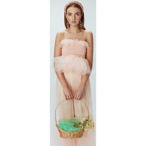 Elegant Fashion Pink Strapless Women Dress Backless Tulle Ruffles Fold Floor Length Ribbon Trim Dresses Plus Size