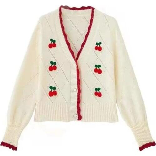 Embroidered Cardigans Knit Wear Sweet Puff Sleeve Short Mujer Chaqueta Autum Winter V Neck Cherry Sweaters Women