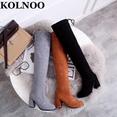 KOLNOO New 2022 Handmade Ladies Chunky Heels Boots Faux Kid-Suede Leather Over Knee Boots Large Size 35-50 Evening Fashion Shoes
