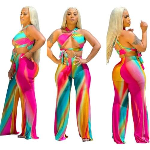 Summer 2021 S-3Xl Plus Size two peice set for women Sexy loose gradient print Sleeveless wrap top outfit Wholesale Dropshipping