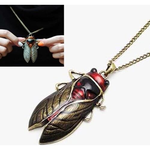 Fashion Unisex Cicada Pendant Necklace Ancient Bronze Gold Insect Bug Necklace