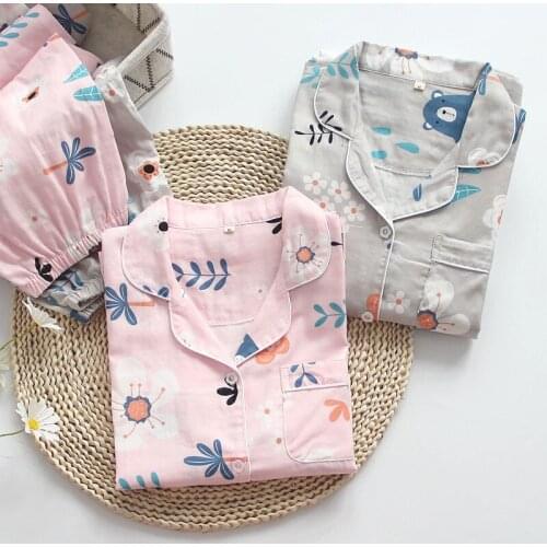 Fashion Spring and Autumn Ladies Pajamas Two-piece Cotton Gauze Long-sleeved Trousers Pajamas Set Home Service Women