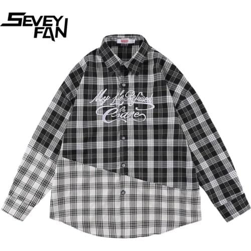Seveyfan Mens Fashion Letter Embroidery Patchwork Plaid Shirts Hip Hop Loose Cotton Shirts for Male
