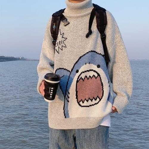 Men Turtlenecks Shark Sweater Men 2020 Winter Patchwor Harajuku Korean Style High Neck Oversized Grey Turtleneck For Men