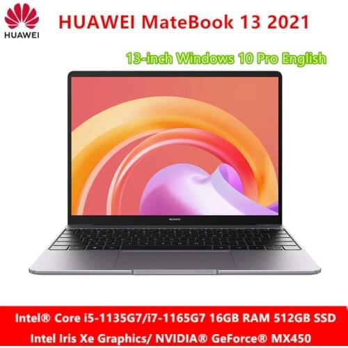 HUAWEI MateBook 13 2021 Notebook With i7-1165G7 4.9GHz Iris Xe or MX450 Graphics 16GB Ram 512GB 2K Touch Windows 10 Pro English